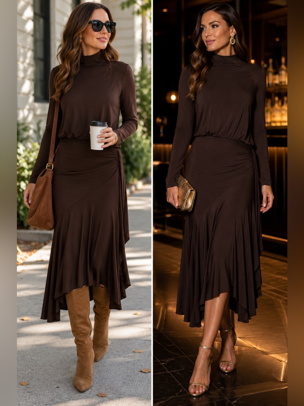Guy Laroche Paris Brown Draped Asymmetrical Ruched Maxi Dress Long Sleeve M